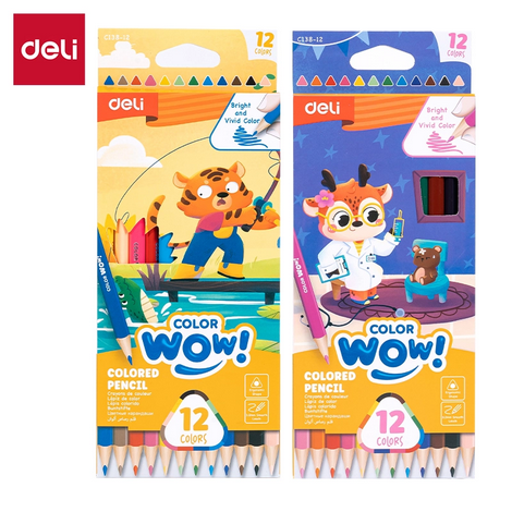 DELI EC138-12 Color Pencil Bright and vivid colors. Triangular ergonomic barrel, easy to sharpen. 3.0mm lead for smooth coloring performance. High quality soften wood.