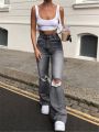 High Waist Blue Ripped Boot Cut Jeans For Women Fashion Stretch Knee Ripped Denim Flared Pants Casual Female Trousers Black 2023.