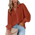 Women's Clothing Lantern Sleeve Pleated Solid Standing Collar Loose Shirt Long-Sleeved For Women Top. 
