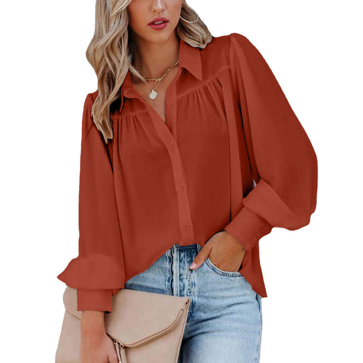 Women's%20Clothing%20Lantern%20Sleeve%20Pleated%20Solid%20Standing%20Collar%20Loose%20Shirt%20Long-Sleeved%20For%20Women%20Top%20-%20Image%205