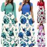Women O Neck Long Short Sleeve Floral Print Large Hem Waist Tight Maxi Dress. 