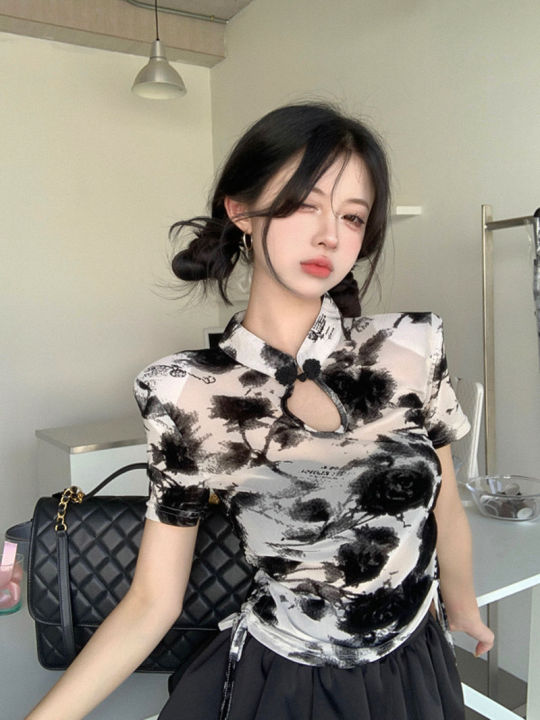 Chinese Style Buckle Shoulder Short Sleeve T T-shirt Women's Summer New Hot Girl Short Drawstring Lace Slimming Irregular Top