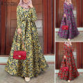 ZANZEA Muslimah Women Muslim Long Sleeve Belted Waist Floral Kaftan Outing Loose Maxi Dress.