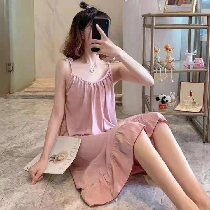 Mid-Length%20Spring%20and%20Summer%20Nightdress%20Women's%20Sling%20Jumpsuit%20Korean%20Style%20Spring,%20Summer,%20Autumn%20Season%20Cute%20Girl%20Pajamas%20Homewear%20-%20Image%204