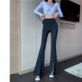 Quarter Women's Elastic Waist Solid Flare Pants Stretchy Bell Bottom Black Split Suit Trousers Clothing BQ.
