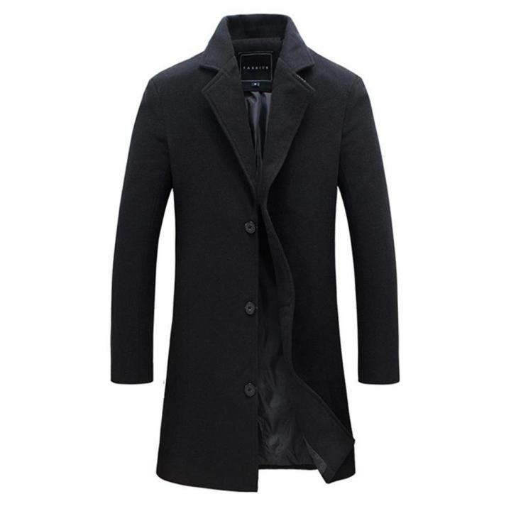 Fashion Winter Men's Solid Color Trench Coat Warm Long Jacket Single