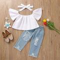 Summer girls' suit, children's one-shouldered white top, ripped jeans suit, fashion trendy girls' wear. 