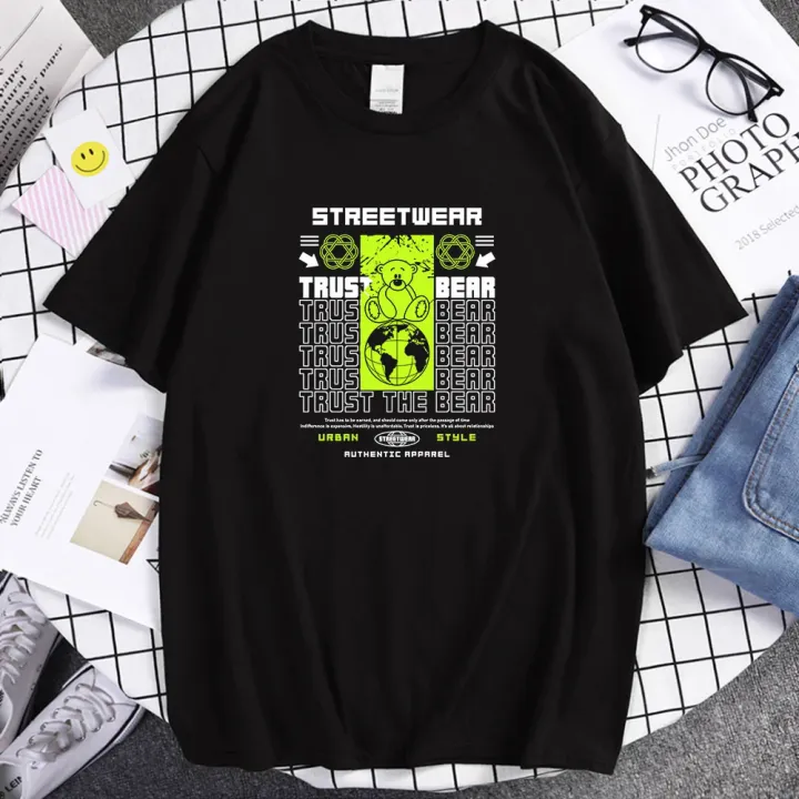 Urban Style Streetwear Trust The Bear Printed Tshirts Men'S Loose Graphic Tee Shirts Funny Cotton Top Cool Soft Mens T Shirts