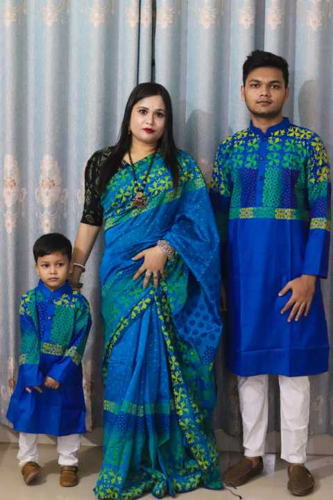 Block Print Family Set Half Silk Saree and Dhupian Panjabi for Father Mother and Son