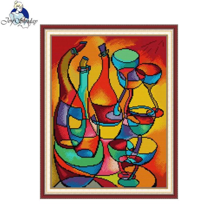 JoySunday Cups Painting Print Stamped Cross Stitch Kits Aida Fabric 16CT 14CT 11CT DIY Folk Craft Needle Handmade Embroidery Set MuXiaRe