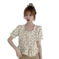 Plaid French Hot Girl Summer New T T-shirt Short Sleeve Floral Top Korean Style 2024 Chiffon Shirt Doll Collar.