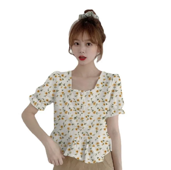 Plaid%20French%20Hot%20Girl%20Summer%20New%20T%20T-shirt%20Short%20Sleeve%20Floral%20Top%20Korean%20Style%202024%20Chiffon%20Shirt%20Doll%20Collar%20-%20Image%205