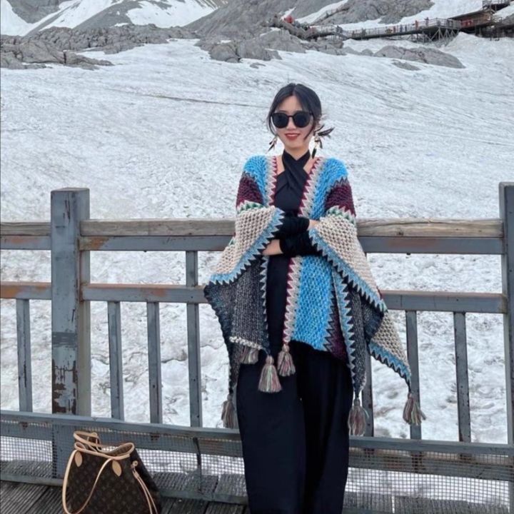 Ethnic Style Shawl Yulong Snow Mountain Knitted Cape Sun Protection Tibet Travel Shawl009