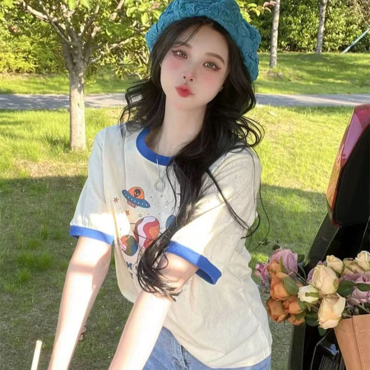 Western%20Style%20Contrast%20Color%20Short%20Sleeve%20Shoulder%20T%20T-shirt%20Women's%20Unique%20Design%20Sense%20Niche%20Korean%20Sweet%20Top%20with%20Jeans%20Summer%20-%20Image%204