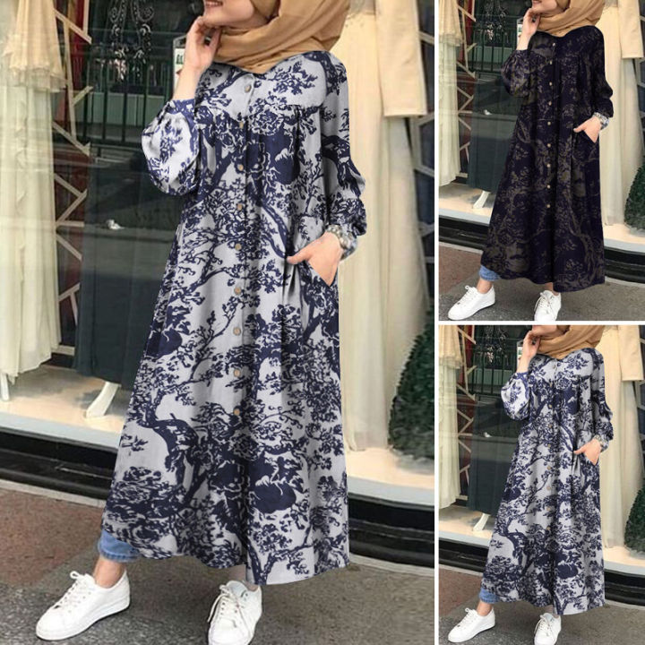 ZANZEA%20Muslimah%20Wanita%20Muslim%20Lengan%20Panjang%20Butang%20Retro%20Floral%20Bercetak%20Abaya%20Kaftan%20Baggy%20Pakaian(#2)%20-%20Image%203