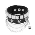 Cool Hiphop Skull Star Y2k Rock Bracelet Black Pu Skeleton Hand Goth Bangle Wide Cuff Bracelet With Chain For Men.