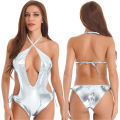 Womens Ladies Swimsuit Metallic Shiny Deep V Backless Bodysuit Bathing Suit One-piece Swimsuit Lace-up Halter Catsuit Swimwear.