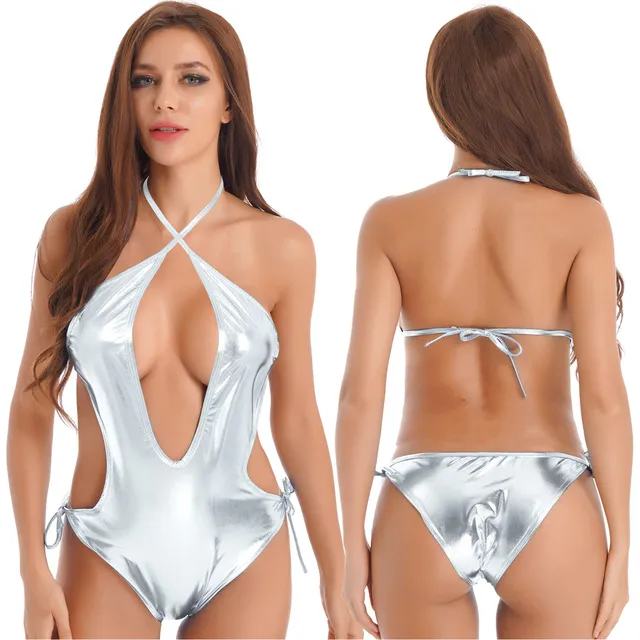 Womens%20Ladies%20Swimsuit%20Metallic%20Shiny%20Deep%20V%20Backless%20Bodysuit%20Bathing%20Suit%20One-piece%20Swimsuit%20Lace-up%20Halter%20Catsuit%20Swimwear%20-%20Image%202