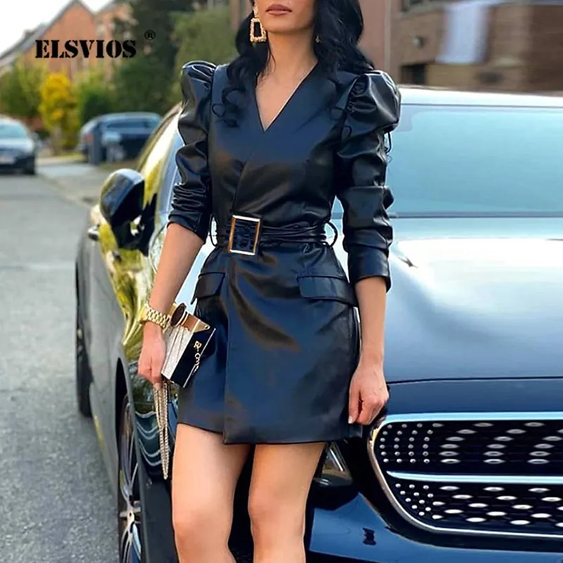 Autumn Winter Lady Fashion PU Leather Short Dress New Solid Color
