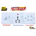6 Pin Combined Socket Ceramics & 4 Gang Switch With Fan Regulator 3 In 1 Full Room Cover. 