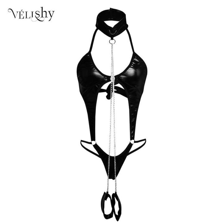 BruberryBe Women Black Patent Leather Bodysuit Lingerie Catsuit Latex Tempting Exciting Ladies Sleepwear