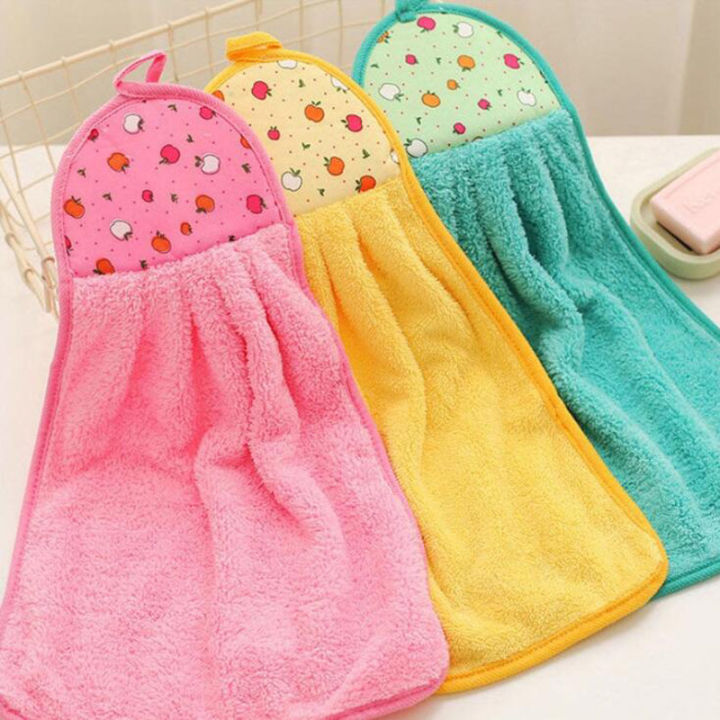 Print Coral Fleece Microfiber Hanging Hand Towel Cute Kids Washcoloths Quick Dry Thicken Cleaning Cloths Wipes Rags for Kitchen & Bathroom 38*30cm
