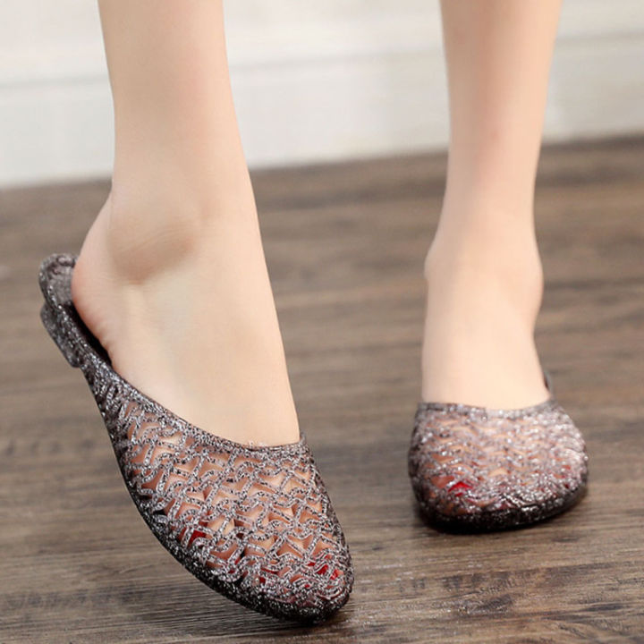 Fashionable crystal slippers for women's transparent sandals, women's hollow soft anti-odor flat heel, bath bathroom anti-slip shoes