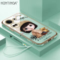 Hontinga for Tecno Camon 20 Back Cover With Free Strap Luxury 6D Plating Cartoon Satchel Girl Side Pattern Case Soft Silicone Square Mobile Cover. 