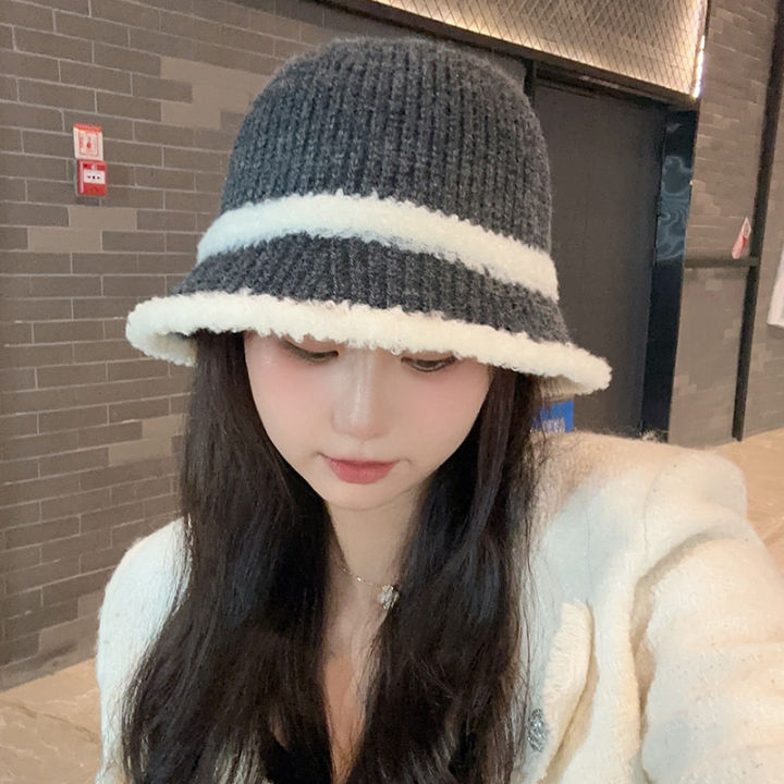 Plush%20Stitching%20Woolen%20Bucket%20Hat%20Women's%20Autumn%20and%20Winter%20Wild%20Warm%20Big%20Head%20Circumference%20Plain%20Face%20Small%20Bucket%20Hat%20Fashion%20-%20Image%206