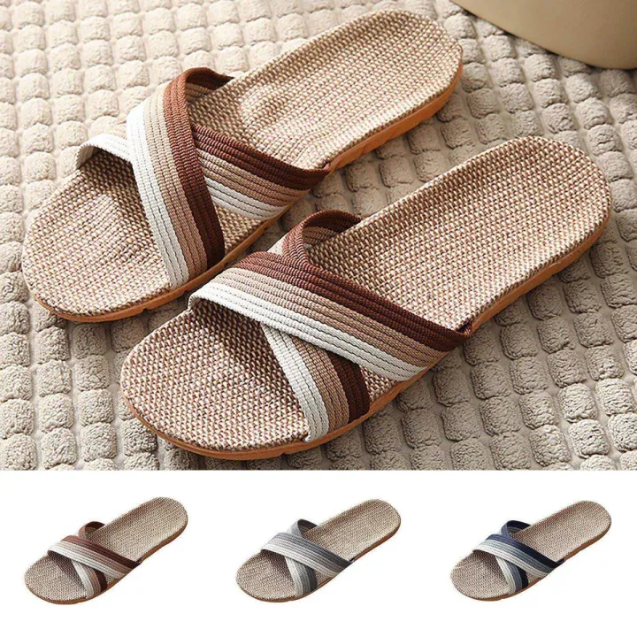 Men Slippers Summer Slippers Home Couple Indoor Slippers Linen Cross ...