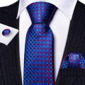 Designer Blue Red Plaid Ties for Men Silk Necktie Pocket Square Cufflinks Set Wedding Gift Party Barry·Wang Clip Brooches 6332. 