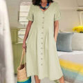 Women’s qualityful Solid Color Loose Short Sleeve Mid-long A-line Dresses V-neck Button Breasted Female Dress.