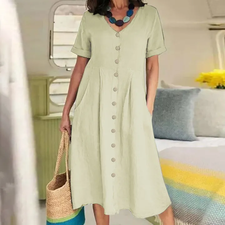 Women%E2%80%99s%20qualityful%20Solid%20Color%20Loose%20Short%20Sleeve%20Mid-long%20A-line%20Dresses%20V-neck%20Button%20Breasted%20Female%20Dress%20-%20Image%202