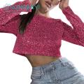 Women Sequin Top Sparkling Sequin Crop Top for Women Stylish O Neck Long Sleeves Soft Pullover for Club Party Stage Show Trendy Waist-exposed Lady Top Long-sleeve Top. 