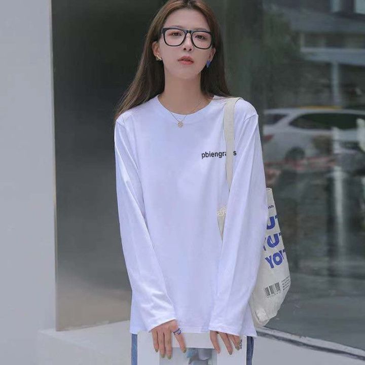 100% Pure Cotton 2021 Autumn and Winter New Fleece-lined Thick Long Sleeve T Women's Korean-Style Loose Bottoming Shirt ins Tide