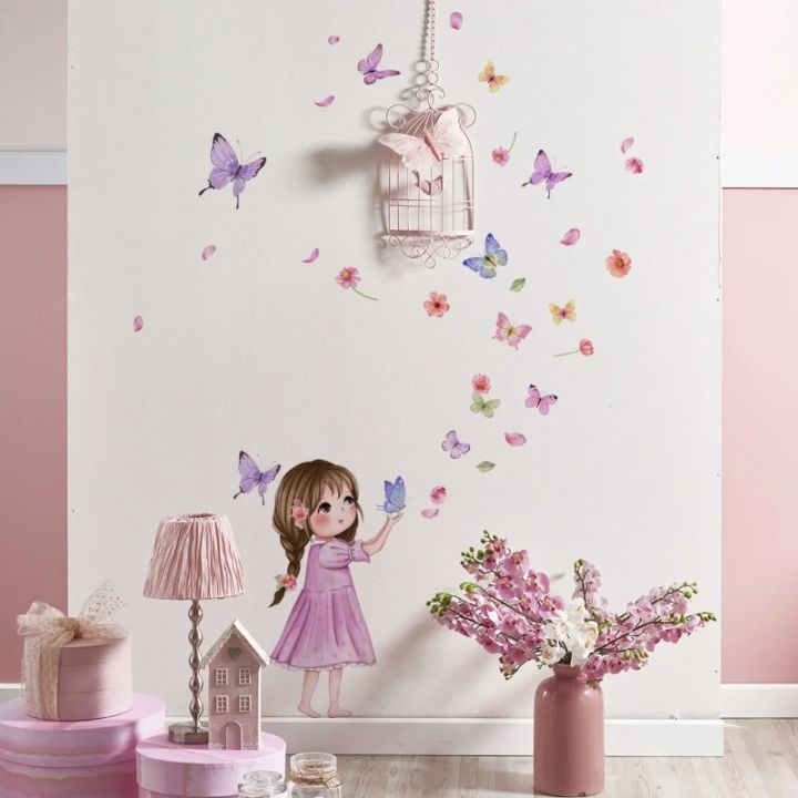 Cute Cartoon Butterfly Girl Wall Sticker Baby Room Kid Bedroom Kindergarten Background Wall Decor Stickers Birthday Party Photo