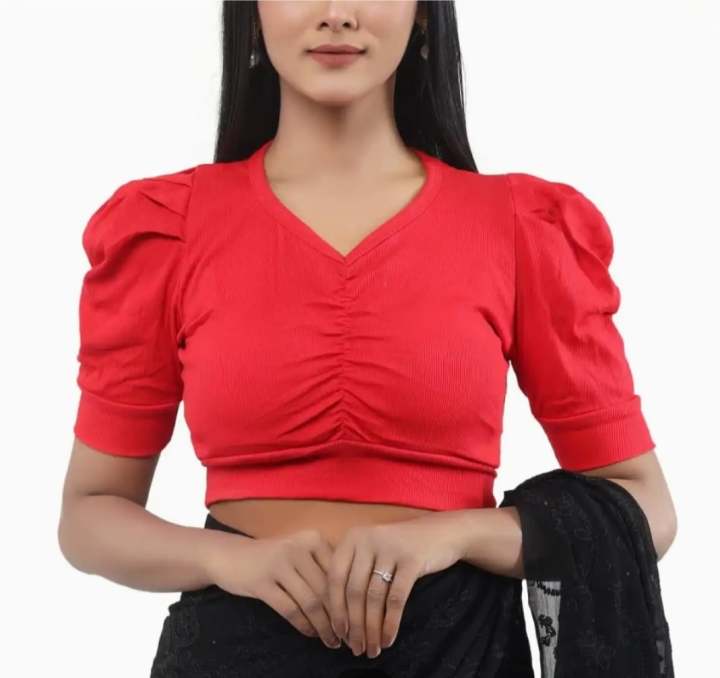Cotton Half Body short Sleeve Crop Tops Blouse for Women