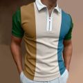 Men's Solid Color Striped Polo Shirt Short Sleeve Golf Turn-down Collar Zipper Polo Shirt for Men Casual Streetwear Summer Tops. 