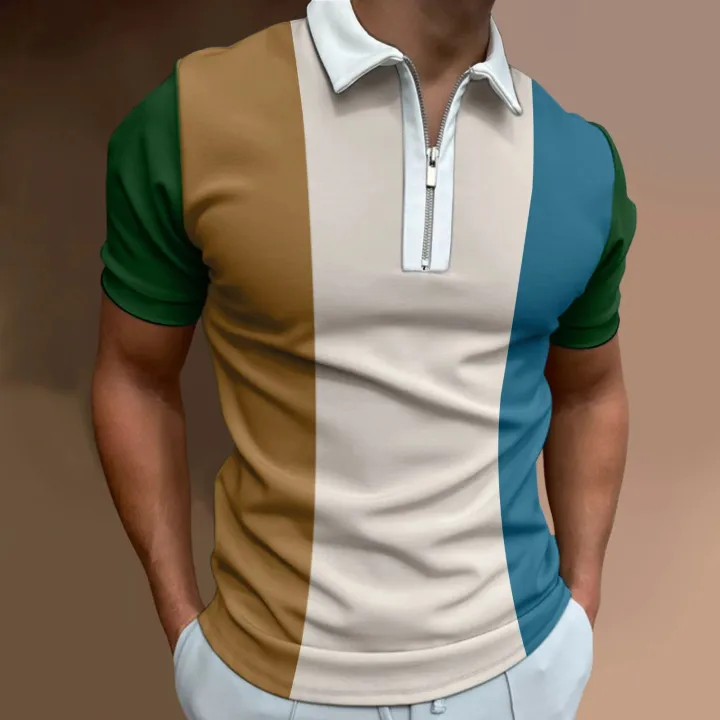 Men's%20Solid%20Color%20Striped%20Polo%20Shirt%20Short%20Sleeve%20Golf%20Turn-down%20Collar%20Zipper%20Polo%20Shirt%20for%20Men%20Casual%20Streetwear%20Summer%20Tops%20-%20Image%204