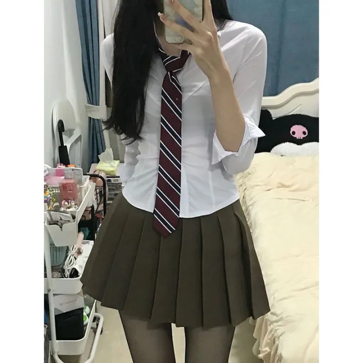 Preppy%20Style%20Korean%20Style%20Slim%20Fit%20Waist%20Trimming%20Shirt%20Top%20Women's%20Spring%20and%20Autumn%20Pleated%20Skirt%20Short%20Skirt%20Two-Piece%20Suit%20Fashion%20-%20Image%208