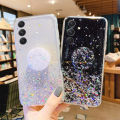 New Phone Case For Samsung Galaxy M34 Cover Glitter Bling Soft Stars Moon Sequins Folding Bracket Transparent For Galaxy M34 Case.