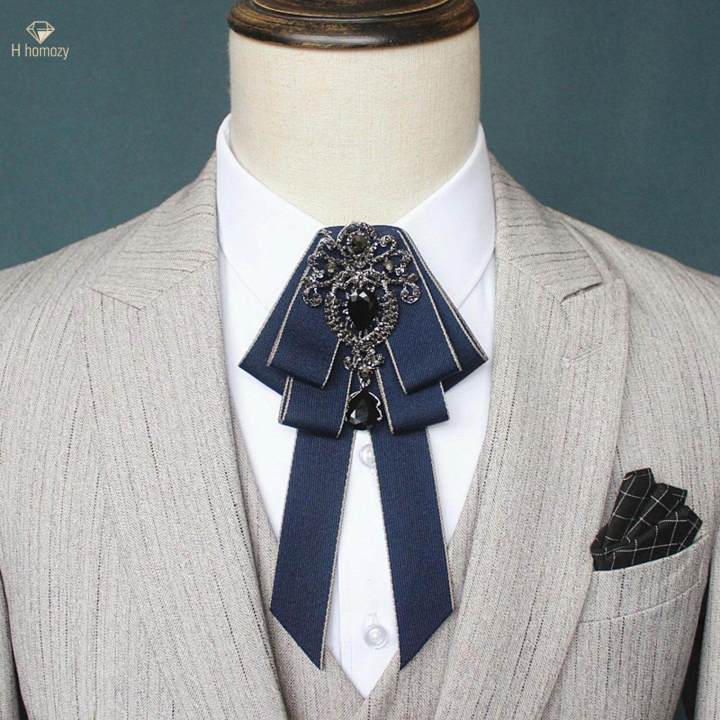 Pre Tied Bow Tie Brooch Pin Retro Style, with Long Ribbon , Adjustable ,Rhinestone Clothing Accessories Necktie for Wedding Teens