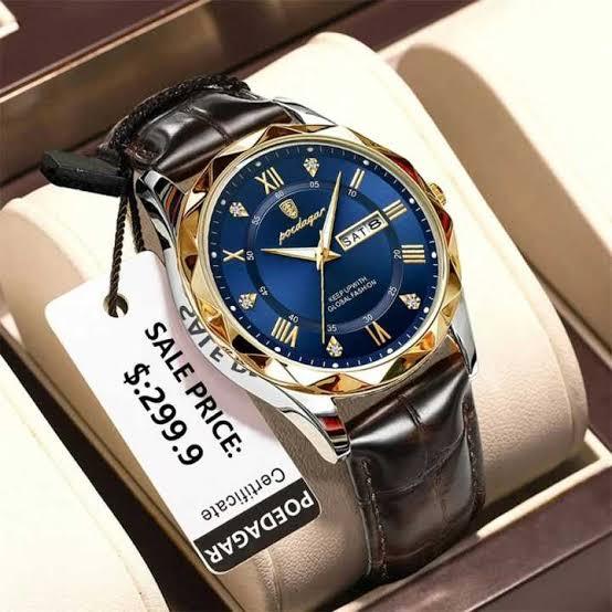POEDAGAR 615-Leather Quartz Luxury Business Man Wristwatch Date Week Watch For Men