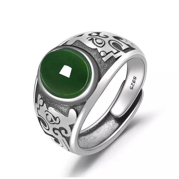 Adjustable size vintage silver jade stone rings design for men
