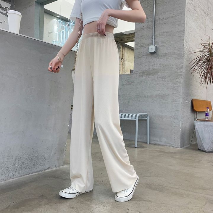 Solid Wide-leg Pants Women Spring and Summer High Waist Ice Silk