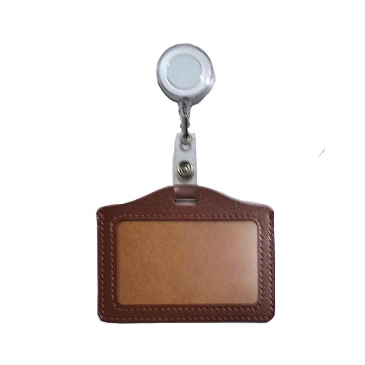 Leather Horizontal ID Card Holder, Brown with Retractable Badge Reel, White
