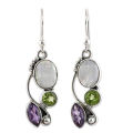 Vintage Marquise Round Faux Moonstone Emerald Amethyst Dangle Hook Earrings. 