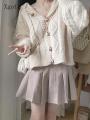 Spring and Autumn Horn-button Hooded Knit Sweater Coat Women Loose Outside Crop Top Gentle Soft Preppy Style White Cardigan. 