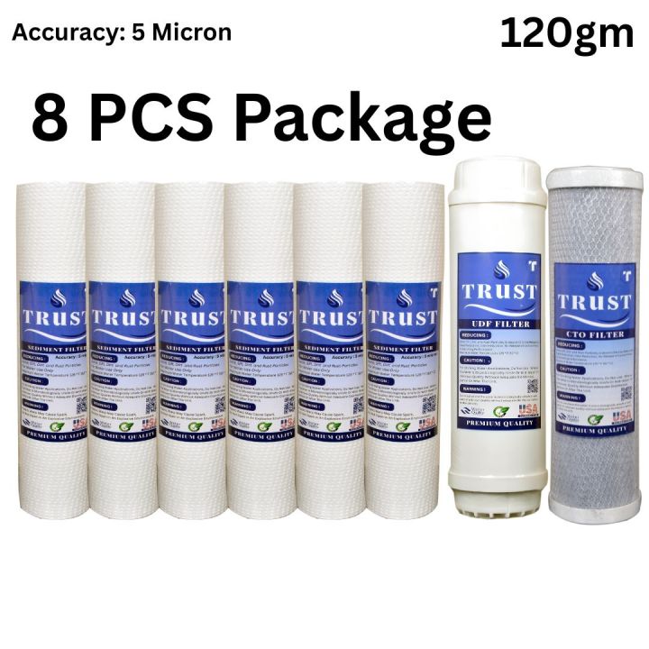 Trust Sediment Filter PP -6 Pcs, CTO Net Carbon-1 Pcs and 10" UDF Box Carbox-1 Pcs ( 8 Pcs Package) Water Filter Cartridge Package