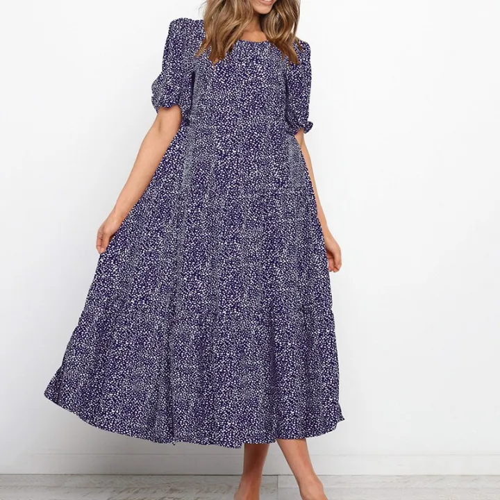 Summer%20puff%20sleeve%20plaid%20polka%20dot%20stitching%20loose%20beach%20boho%20dress%20for%20womens%20long%20casual%20maxi%20Dress%20vintage%20dress%20vestido%20-%20Image%202